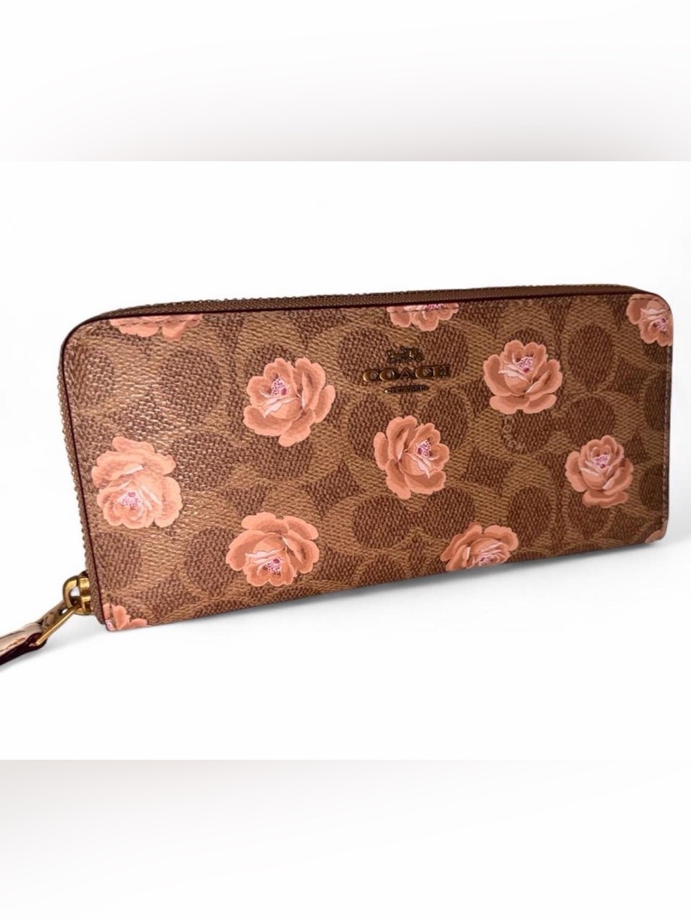 Coach Brown Signature Monogram Gold Zip Wallet with Pink Floral Motif